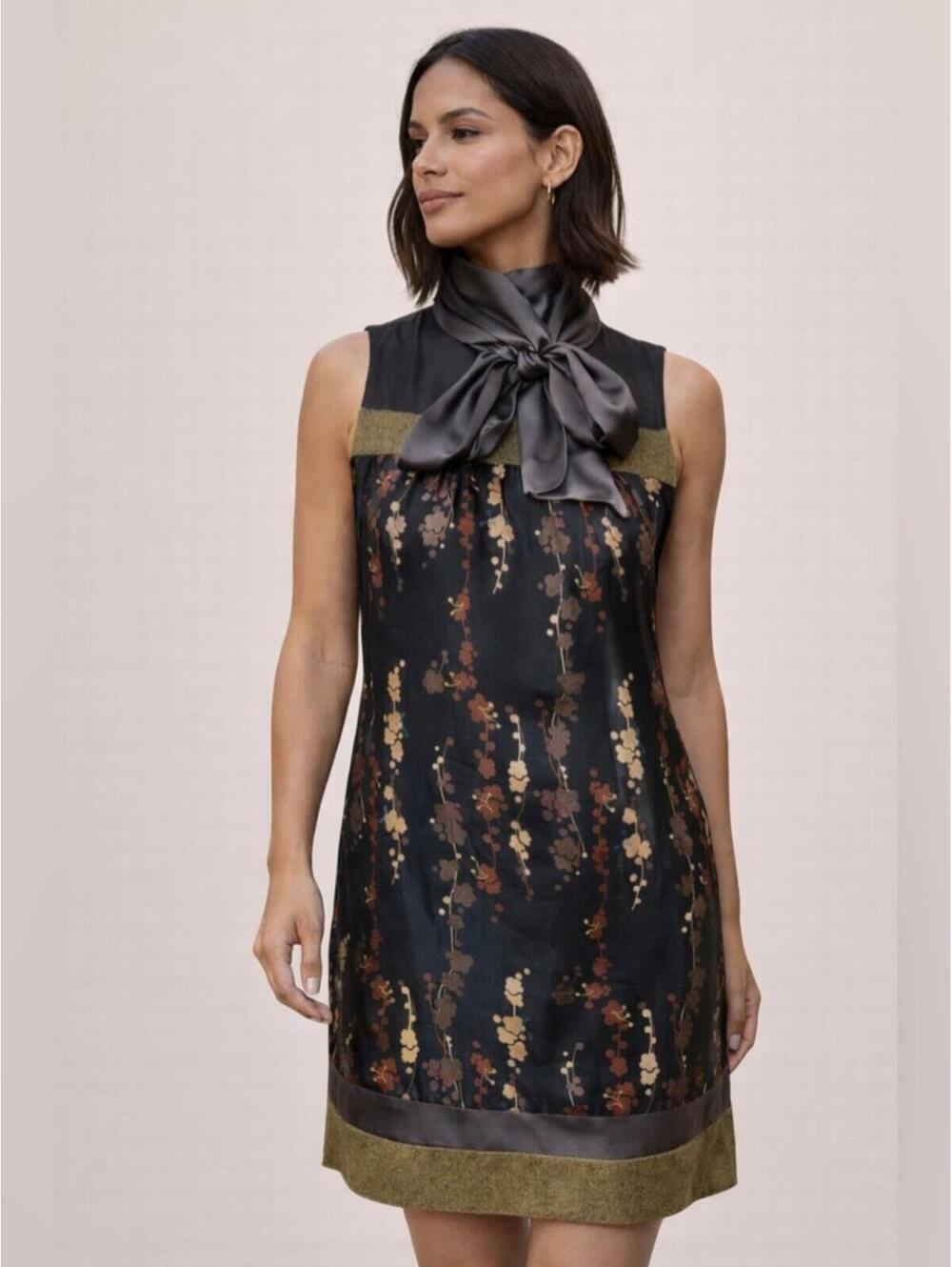 Anthropologie Hype 100% Silk Floral Tie-Neck Mini Dress – Size XS | Wool Trim